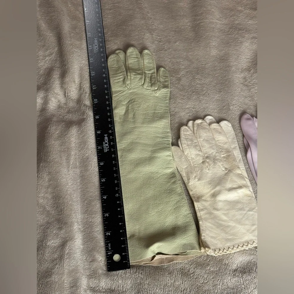 VTG Bundle 3 Pairs Mid-Century Gloves Leather & Nylon Pastel‎ Green White Cream